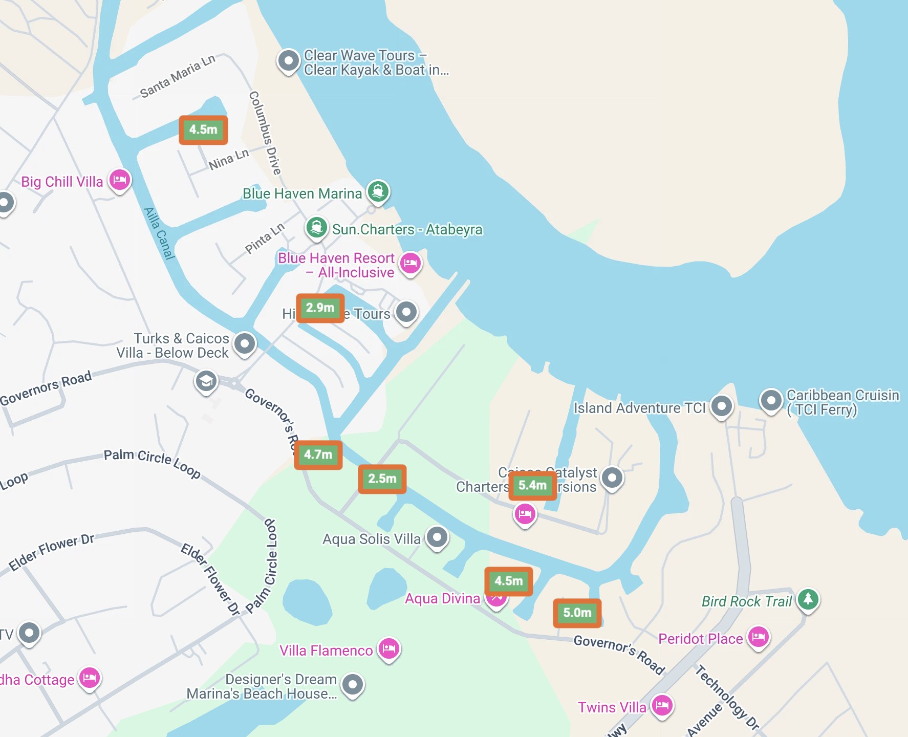 Map of the Leeward canals with price tags marking the seven homes, Solemar at 4.5m off Nina Lane in the north
